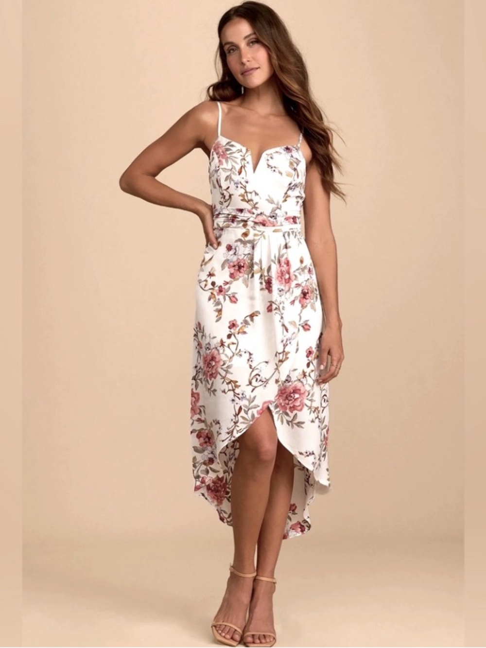 NWT Lulu's White Floral High-Low Spaghetti Strap Midi Dress